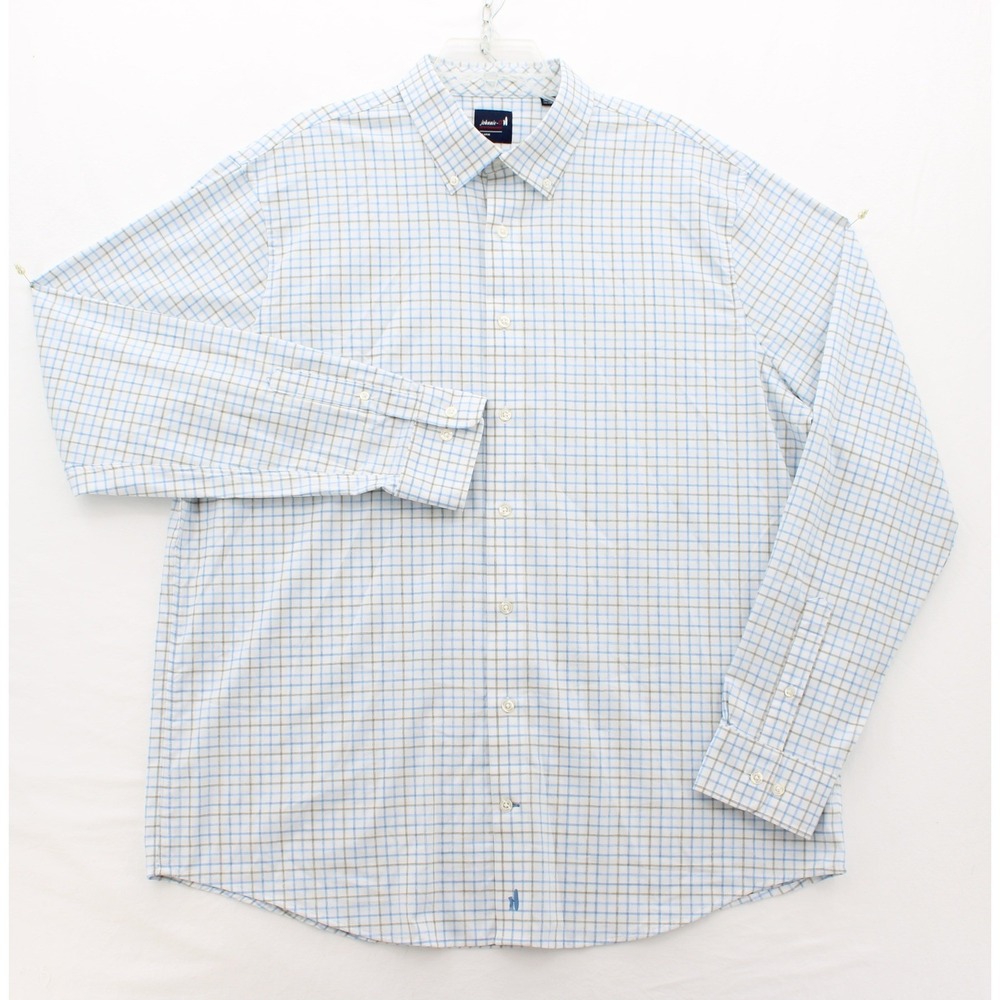 Johnnie-O Paddock Performance Shirt Mens XL White Check Button Down Long Sleeve